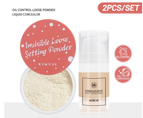 KIMUSE Waterproof Oil Control Loose Powder + Full Coverage Long Lasting Liquid Concealer Face Makeup Set