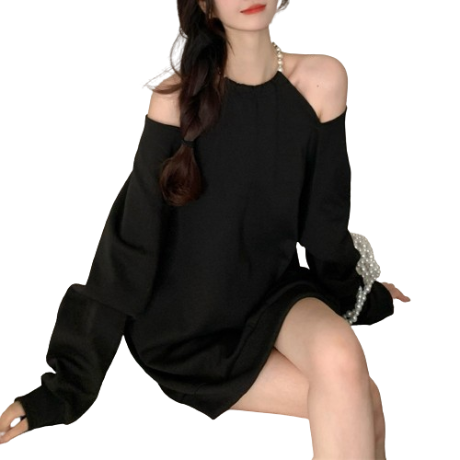 Lovito Women Casual Plain Asymmetrical Cut Out Cold Shoulder Sweatshirt LNA40010 (Black)