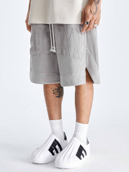 Manfinity StreetEZ Men's Knitted Straight Shorts With 3D Pressed English Pattern Design, Suitable For Summer