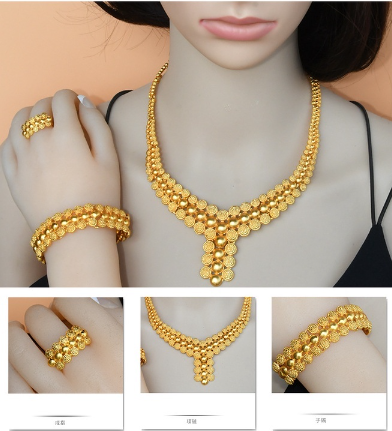 Dubai 24K Gold Plated Bridal Necklace Bracelet Earrings Ring India Nigeria Four-Piece Jewelry Set
