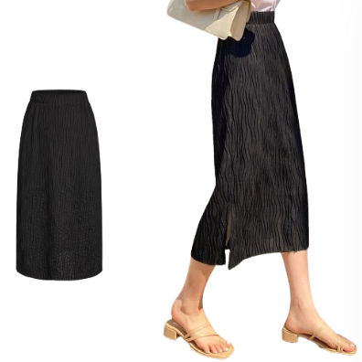 Lovito Women Elegant Plain Jacquard Split Skirt L71ED101 (Black)