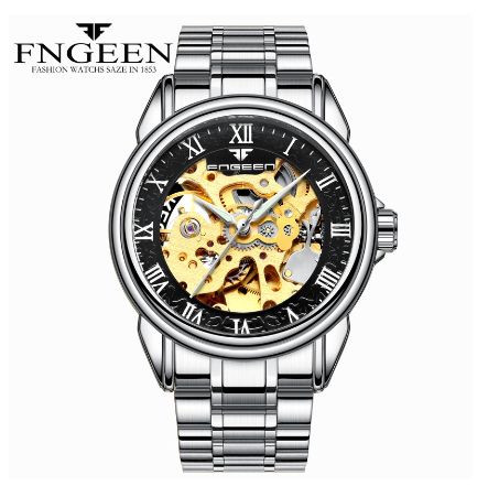 FNGEEN 8866 Men's Automatic Mechanical Watch SILVER BLACK