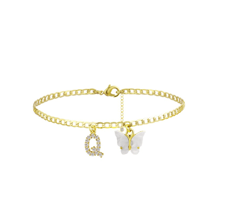 Fation Dainty Butterfly Initial Ankle Bracelets Handmade Cuban Chain White Butterfly A-Z Alphabet Letter Initial Anklets Summer Beach Q