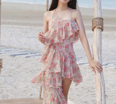 Women Floral Print Ruffle Chiffon Halter Dress