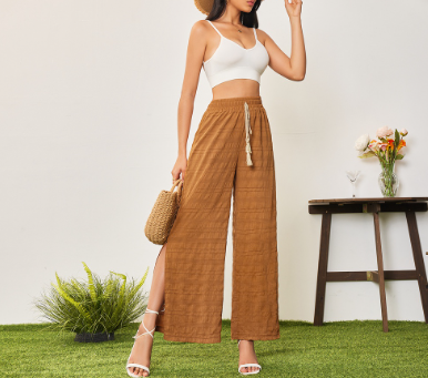 Lovito Women Casual Plain Split Front Drawstring Pants LBA05105 Brown