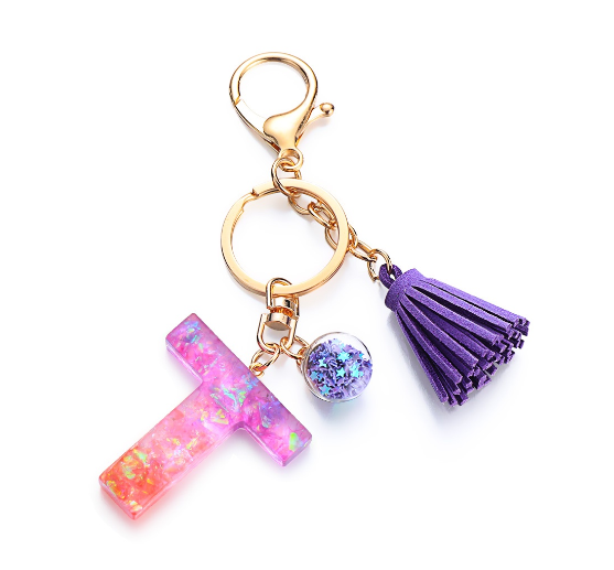 Cute Creative 26 Letter Alphabet Crystal Glitter Resin Keychain Women Tassels Keyring Car Key Holder Bag Charms Accessories T