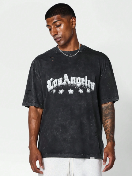 SUMWON Washed Drop Shoulder Tee With Front Graphic Print College Ready