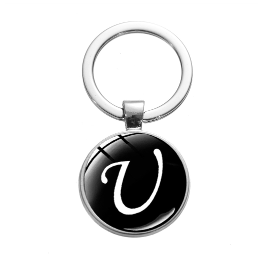 26 English Letters Glass Round Charm Key Ring A-Z Initial Name Keychain Bag Ornaments Car Key Chains Jewelry Gift Accessories U