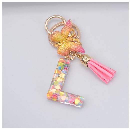 Exquisite 26 Letter Resin Keychain with Pink Tassel Gradient Butterfly Pendant Key Ring Women Bag Ornaments Accessories L