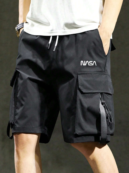 Men's Pocketed Letter Printed Drawstring Casual Sports Shorts Jogger Shorts