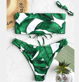 Sexy Marble Lace Up Tropical Print High Cut Bikini Women's Scalloped Hem Two Piece Swimsuit Bather