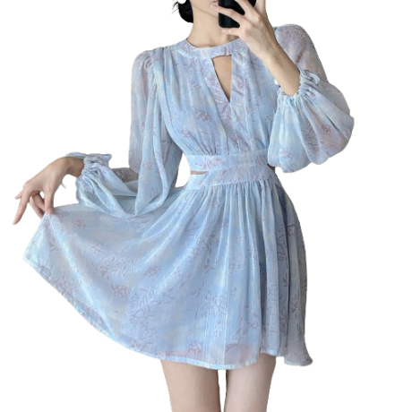 Lovito Women Elegant Floral Cut Out Ruffle Hem Bishop Sleeve Dress LNE29487 (Light Blue)