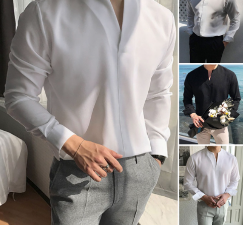 Men's Fashion Korean Style V Neck Long Sleeves Leisure Soft Shirts