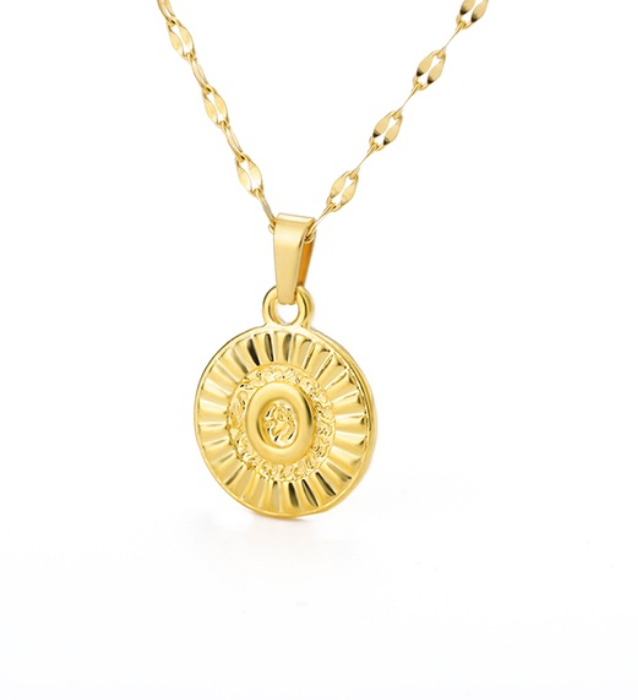 Maxzone A-Z Initial Round Letter Pendant Necklace For Women Stainless Steel Gold Choker Coin Letter Necklace O