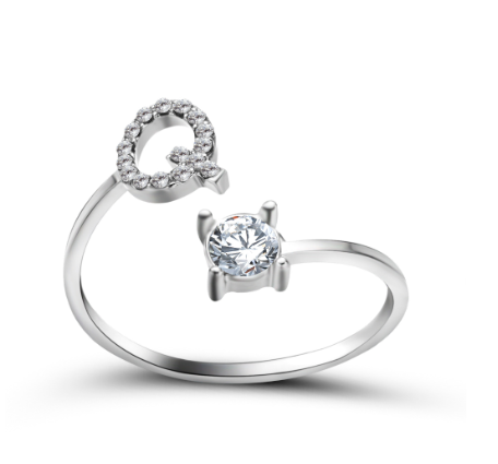 Silver A-Z Letters Ring for Women Cubic Zirconia Initial Letter Ring Fashion Jewelry Gift Adjustable Q