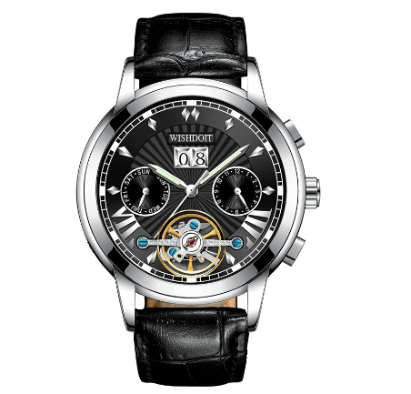 WISHDOIT Watch For Men Original Waterproof Leather Strap Business Fashion Luminous Automatic Mechanical Wristwatch SILVER BLACK