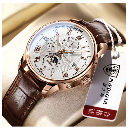 POEDAGAR watch for men water proof original 2023 new fashion multifunctional genuine leather calendar display wristwatch Watch GOLD WHITE