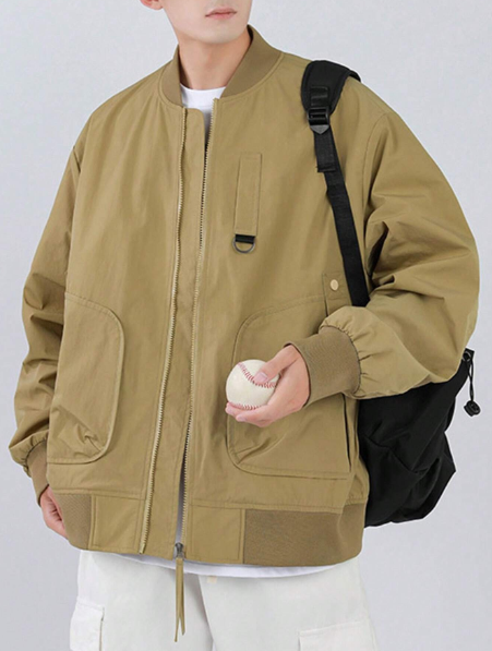 Zip-Up Baseball Collar Jacket With Large Pockets, Ribbed Cuffs & Hem, Retro & Casual Windbreaker For Men