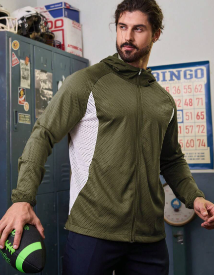 Manfinity Athleisure Men's Color Blocking Mesh Hooded Sports Jacket Workout Tops