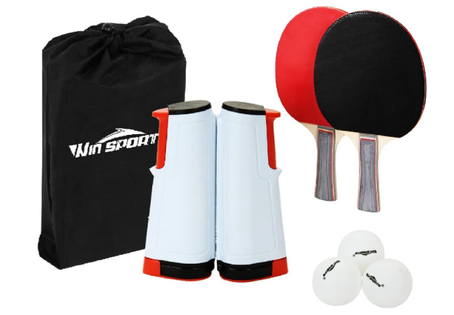 Ping Pong Net Table Tennis - Win SPORTS Paddle Set with Retractable Net,Play Anywhere Ping Pong Net for Any Table,2 Table Tennis Paddle& Rackets,3 Balls,Storage Case,Set with Retractable Table Tennis 
