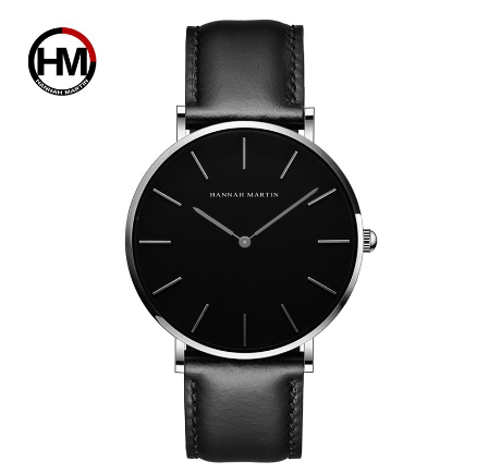 Hannah Martin Casual Watch Men Sports Quartz Wristwatch Waterproof Leather Wrist Watch BLACK SILVER BLACK
