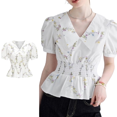 Lovito Women Smocked Contrast Collar Ruffle Puff Sleeve Blouse L59ED062 (White)