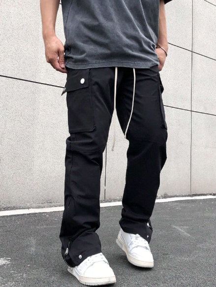 American Style Streetwear Zipper Pocket Workwear Trousers Combat Pants, Loose Fit, Unisex, Straight Leg, Trendy