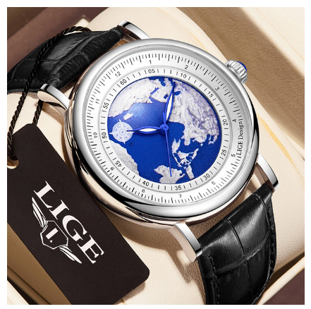 LIGE Official Luxury Watch For Mens Fashion Brands Leather Strap Waterproof Luminous Watches Quartz Earth Dial Wristwatch SILVER WHITE