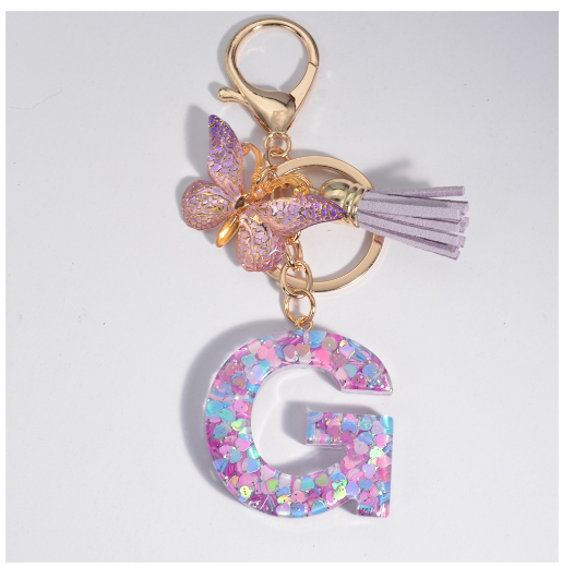 Sweet Heart Sequin Filled A-Z Letter Keychains With Tassel Fashion Butterfly 26 Alphabet Keyring Car Keyholder Birthday Gifts G