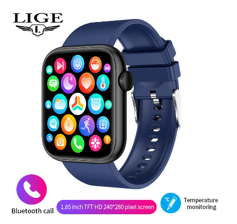 LIGE HD Screen Smart Watch 100+ Sport Modes Thermometer Fitness Health Heart Rate Monitor 1.85 inch Bluetooth Call Digital QX7 Watch SILICONE BLUE