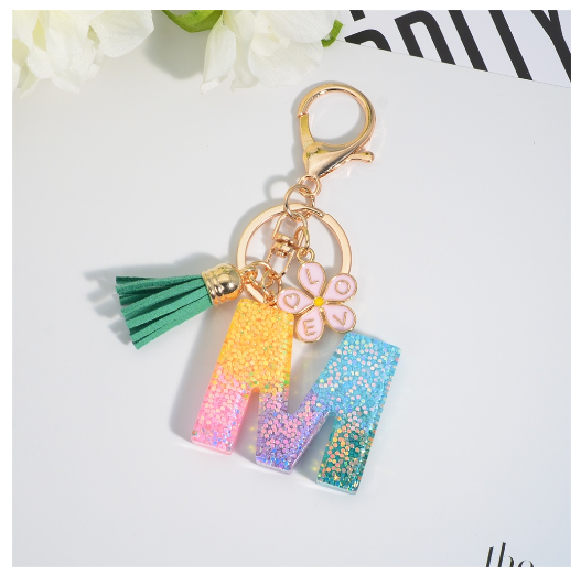 Fashion 26 Letter Resin Keychain A-Z Round Sequins Filled Alphabet Flower Pendant Keyring with Tassel Bag Ornament Accessories M