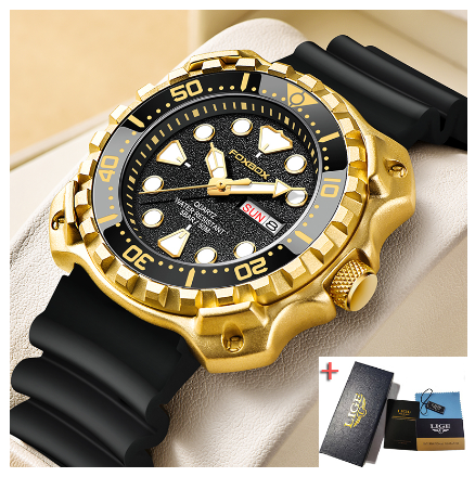 LIGE Original Men Stainless Anti-Rust Waterproof Luminous Business Watch  GOLD BLACK