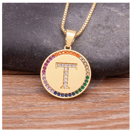 New Arrival Luxury A-Z Initial 26 Letters Pendant Charm Chain Necklaces High Quality Zircon Rainbow Jewelry T