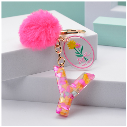 Fashion 26 Letter Keychain A-Z Initial Resin Keyring With Pink Pompom Flower Acrylic Tag Alphabet Key Chain Bag Pendant Gifts Y