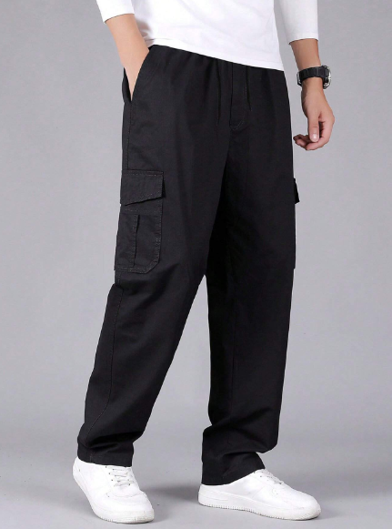 Manfinity Loose Fit Men's Flap Pocket Side Pants Baggy Long Cargo Plain Black Going Out