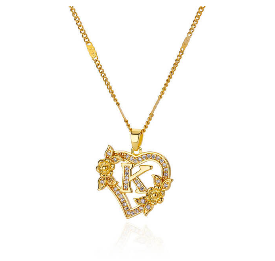 Zircon Stainless Steel Heart Flower Letter Necklaces For Women Gold Color A-Z Letter Heart Necklace K