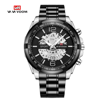 VA VA VOOM Men's Waterproof Luminous Hollow Non-mechanical Luxury Stainless Steel Watch Original Quartz Watch SILVER
