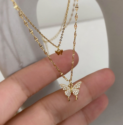 Fashion Jewelry Charm Women Alloy Rhinestone Butterfly Double Chain Necklace