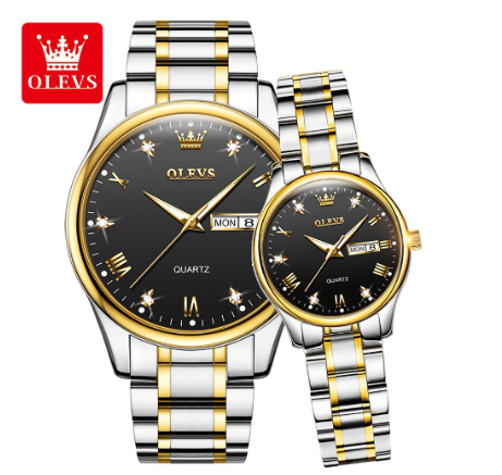 Olevs Couple Watch Quartz Waterproof Calendar Digital Dial Stainless Steel Strap Watch BLACK DIAL TWO TONE