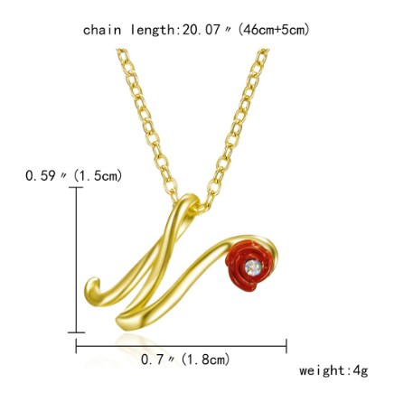 Fashion 26 Letter Necklace Ladies Red Rose Flower Clavicle Pendant Necklace Rhinestone Retro English Letter Necklace N