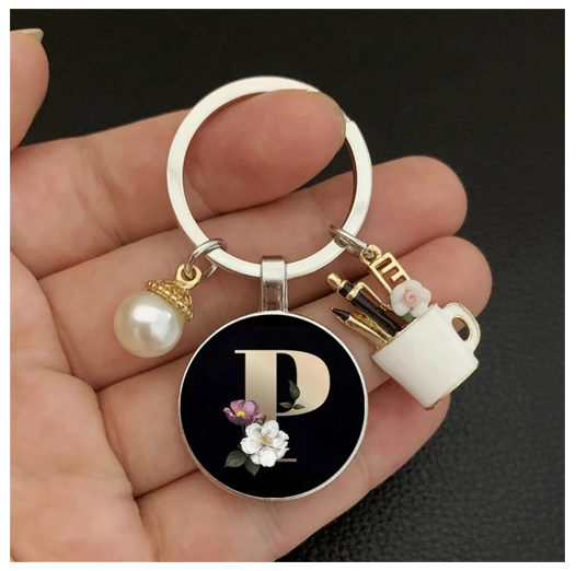 Fashion 26 Letter Keychains Imitation Pearl Rose Round Initials Keyrings Cup Pendant Car Keyholder Bag Ornaments Accessories P