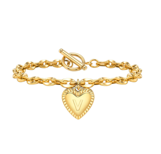 Vnox A-Z Letter Heart Charms Bracelet for Women Girl 18K Gold Elegent Love Stainless Steel Link Chain Initial Jewelry Birthday Present V