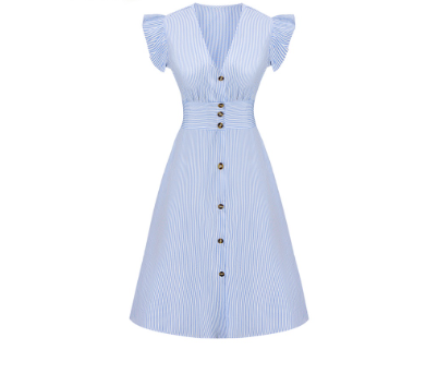 Lovito Women Button Front Pleated Ruffle Dress L62ED174 Light Blue
