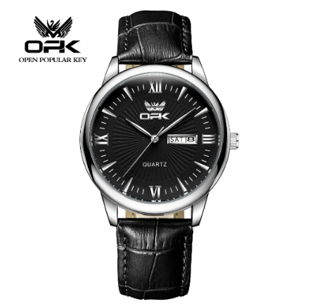 OPK Men's Watch Waterproof Original Quartz Calendar Belt Watch BLACK DIAL  BLACK SILVER LEATHER STRAP