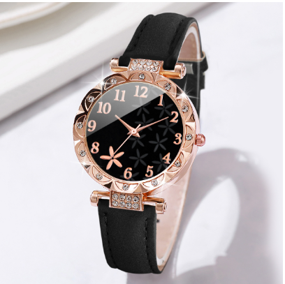 Ladies Fashion Flower Shape Quartz Watch Belt Wrist Watch+Diamond Bracelet Set