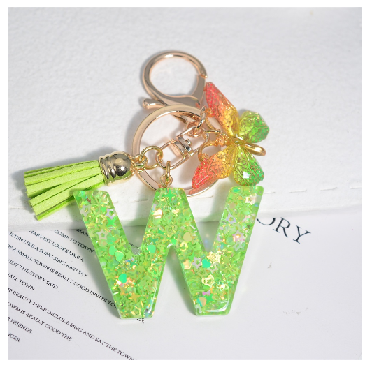 Glitter Green 26 Letter Resin Keychain Fashion Sequin Filled A-Z Alphabet Keyrings For Women Car Key Holder Accessories Souvenir W