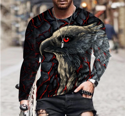 Fashion 3D Eagle Pattern Men's T-Shirts Long Sleeve Tie-dye 3D Animal Printed Street Tops Casual Loose O-Neck Plus Size Tee 6XL