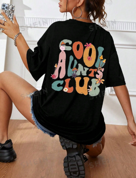 SHEIN Essnce Plus Size Women Summer Casual Round Neck Short Sleeve Tee With Slogan Print