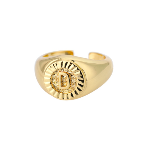Maxzone Vintage Initial Letter Signet Rings For Women Stainless Steel Ring Round Opening Gold Letter Ring Aesthetic Wedding Jewelry Gift D