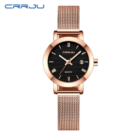 CRRJU Women's Watch Original Brand Multifunction Dial Fashion Business Analog Quartz Stainless Steel Waterproof 2176 X ROSE BLACK